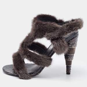 Salvatore Ferragamo Brown Mink Fur and Python Leather Cage Sandals Size 39