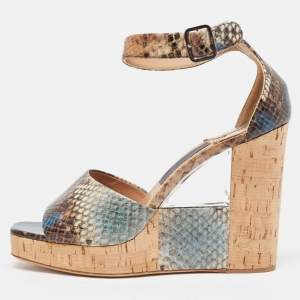 Salvatore Ferragamo Multicolor Python Embossed Ankle Strap Wedge Sandals Size 38