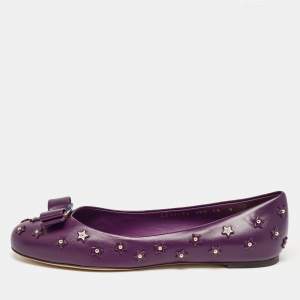 Pre Owned Salvatore Ferragamo Purple Leather Vara Bow Ballet Flats Size 40.5