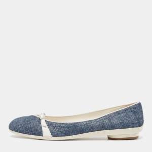 Salvatore Ferragamo Blue/White Denim and Leather Audrey Buckle Detail Ballet Flats Size 40.5