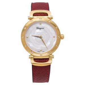 Salvatore Ferragamo Pink Mother Of Pearl Gold Plated Stainless Steel Leather Diamond Style SFDM Women's Wristwatch 34 mm