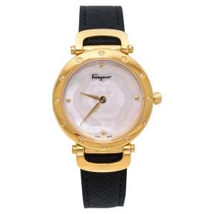 Salvatore Ferragamo Pink Mother Of Pearl Gold Plated Stainless Steel Leather Diamond Style SFDM Women's Wristwatch 34 mm