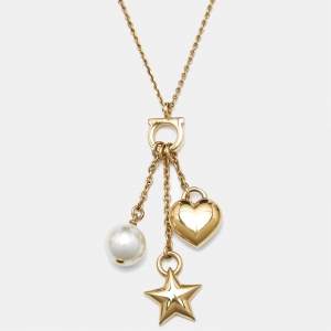 Salvatore Ferragamo Faux Pearl Gold Tone Necklace