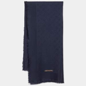 Salvatore Ferragamo Gancini Navy Blue Wool Silk Scarf