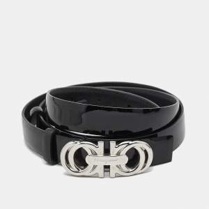 Salvatore Ferragamo Black Patent Leather Gancini Buckle Reversible Belt 110 CM