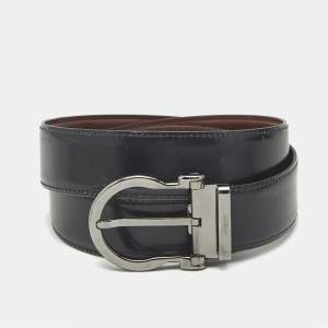 Pre Owned Salvatore Ferragamo Grey/Brown Leather Gancini Buckle Reversible Belt 110 CM