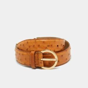 Pre Owned Salvatore Ferragamo Brown Ostrich Leather Gancini Buckle Belt 75CM