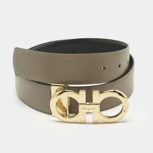 Pre Owned Salvatore Ferragamo Beige/Black Leather Gancini Cut to Size Reversible Belt