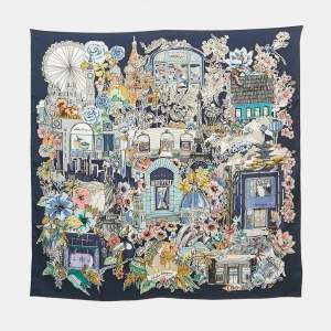 Pre Owned Salvatore Ferragamo Navy Blue Paris City Print Silk Scarf