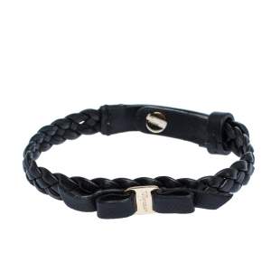 Salvatore Ferragamo Black Braided Leather Bow Bracelet 