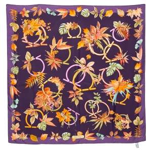 Pre Owned Salvatore Ferragamo Purple Gancini & Floral Print Silk Scarf