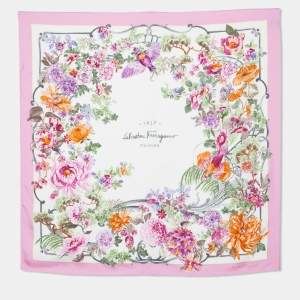 Salvatore Ferragamo Pink & White Floral Printed Silk Square Scarf