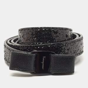 Salvatore Ferragamo Black Glitter Leather Vara Bow Waist Belt 