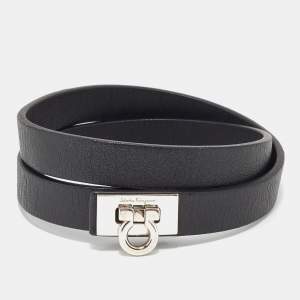 Salvatore Ferragamo Leather Silver Tone Wrap Bracelet