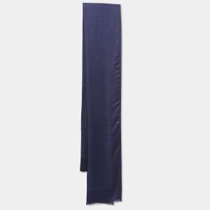 Salvatore Ferragamo Navy Blue Gancini Pattern Silk & Wool Stole 