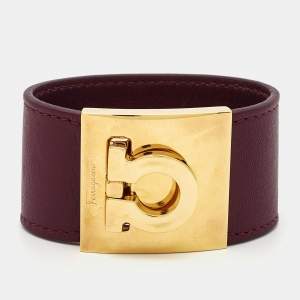 Salvatore Ferragamo Wide Gancio Leather Gold Tone Bracelet