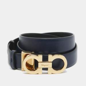 Salvatore Ferragamo Navy Blue/Black Leather Gancini Cut to Size Belt