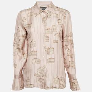 Salvatore Ferragamo Pink Bird Cage Print Silk Ruffled Shirt M