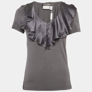 Salvatore Ferragamo Grey Knit & Silk Ruffle Neck Top L
