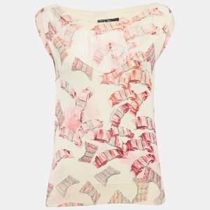 Salvatore Ferragamo Cream Printed Silk Knit Sleeveless M