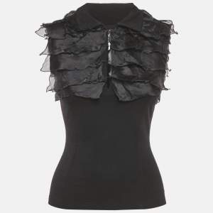Salvatore Ferragamo Black Jersey and Silk Frilled Sleeveless Top S