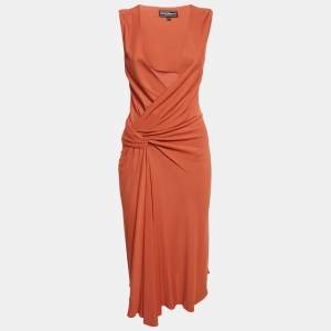 Pre Owned Salvatore Ferragamo Orange Jersey Plunging Neck Midi Dress S