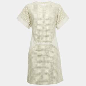 Pre Owned Salvatore Ferragamo Light Grey Patterned Cotton and Leather Short Dress M 