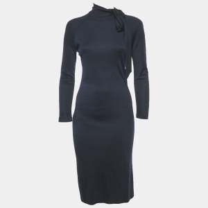 مملوكة مسبقًا Salvatore Ferragamo Navy Blue Wool Bow Detail Midi Dress S