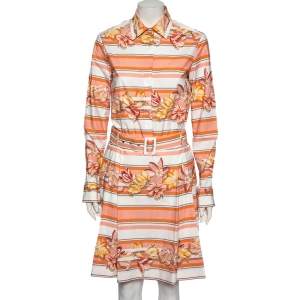 Salvatore Ferragamo Multicolor Printed Cotton Belted Long Sleeve Shirt Dress M
