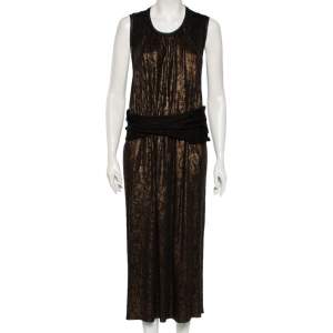 Salvatore Ferragamo Black & Gold Lurex Knit Belted Sleeveless Dress XL