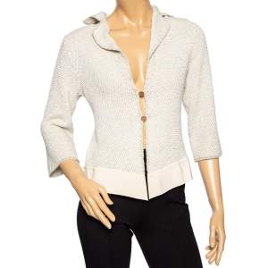 Salvatore Ferragamo Cream Perforated Knit Button Front Cardigan M