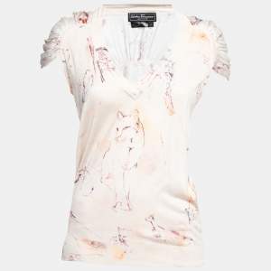 Salvatore Ferragamo Cream Printed Silk Knit V-Neck Top S