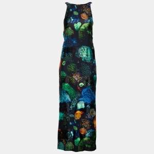 Salvatore Ferragamo Black Printed Silk Draped Back Neck Maxi Dress M
