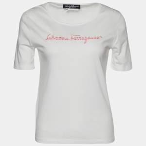 Salvatore Ferragamo White Logo Embroidered Cotton Round Neck T-Shirt M