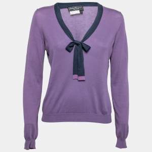 Salvatore Ferragamo Purple Cotton Knit Contrast Bow Detail Sweater S 