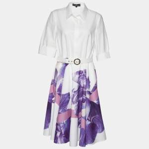 Salvatore Ferragamo White & Purple Floral Print Cotton Shirt Dress M