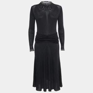 Salvatore Ferragamo Black Lurex Knit Mock Neck Long Sleeve Midi Dress S