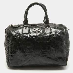 Pre Owned Salvatore Ferragamo Black Gancini Embossed Glossy Leather Boston Bag