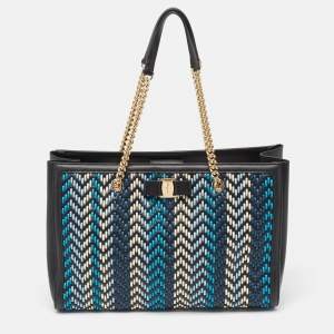 Salvatore Ferragamo Black/Blue Woven Leather Vara Bow Tote
