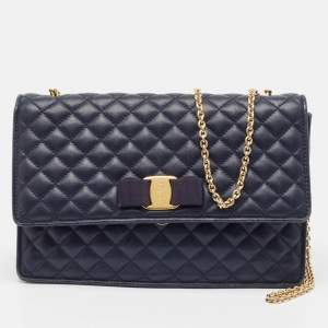 Pre Owned Salvatore Ferragamo Navy Blue Quilted Leather Vara Bow Chain Bag