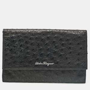 Salvatore Ferragamo Black Ostrich Leather Flap Slim Clutch