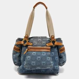 Salvatore Ferragamo Blue Gancini Print Denim and Leather Multiple Pocket Shoulder Bag