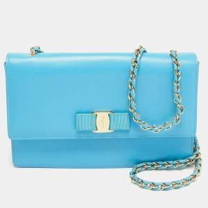 Pre Owned Salvatore Ferragamo Light Blue Leather Ginny Shoulder Bag