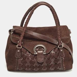 Salvatore Ferragamo Dark Brown Nubuck and Leather Woven Gancini Flap Satchel