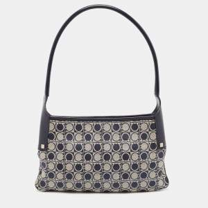 Salvatore Ferragamo Navy Blue Gancini Print Fabric and Leather Shoulder Bag