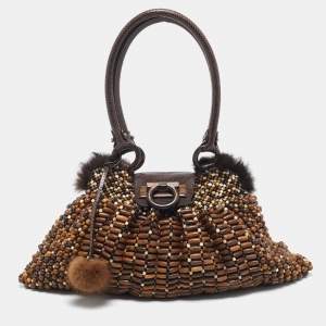 Pre Owned Salvatore Ferragamo Brown Wood Beaded and Lizard Shoulder Bag
