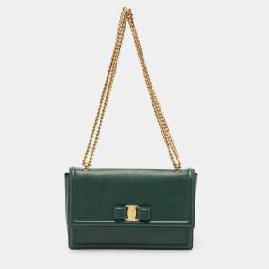 Salvatore Ferragamo Green Leather Ginny Shoulder Bag
