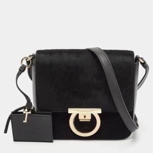 Salvatore Ferragamo Black Calf Hair and Leather Gancini Lock Shoulder Bag