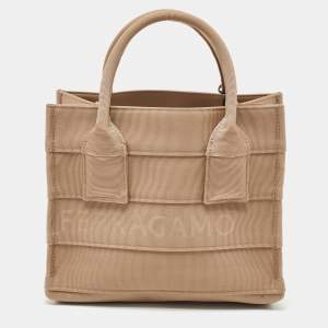Salvatore Ferragamo Beige Signature Fabric Logo Small Tote