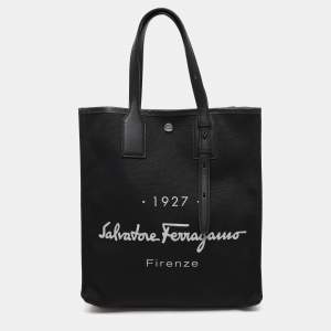 Salvatore Ferragamo Black Canvas and Leather Shopper Tote